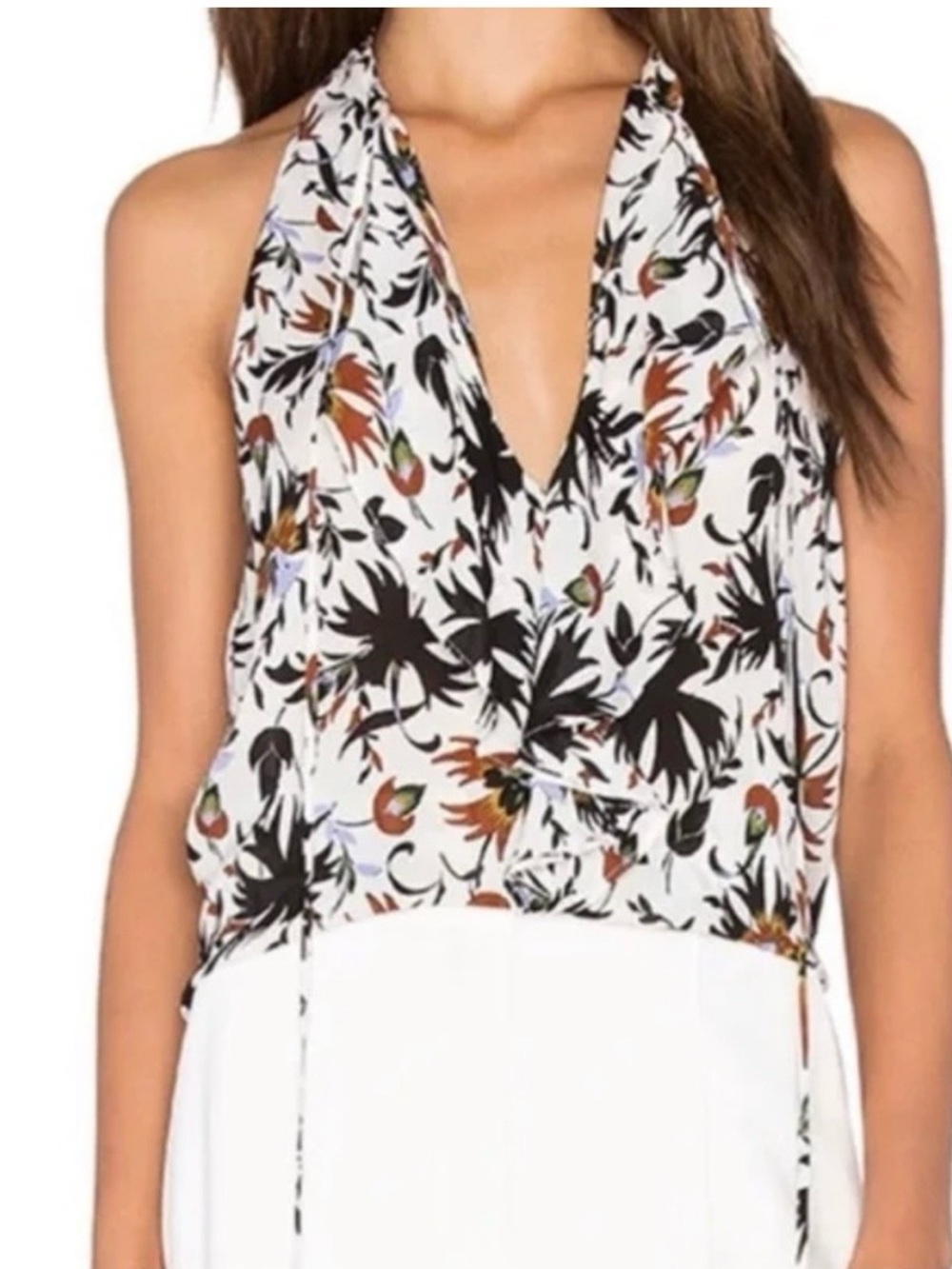 A.L.C. Steele Passiflora Floral Silk Tie Neck Ruffle Sleeveless Blouse Size
